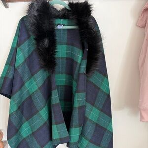 Talbots Green and Black Plaid Cape with Faux Fur